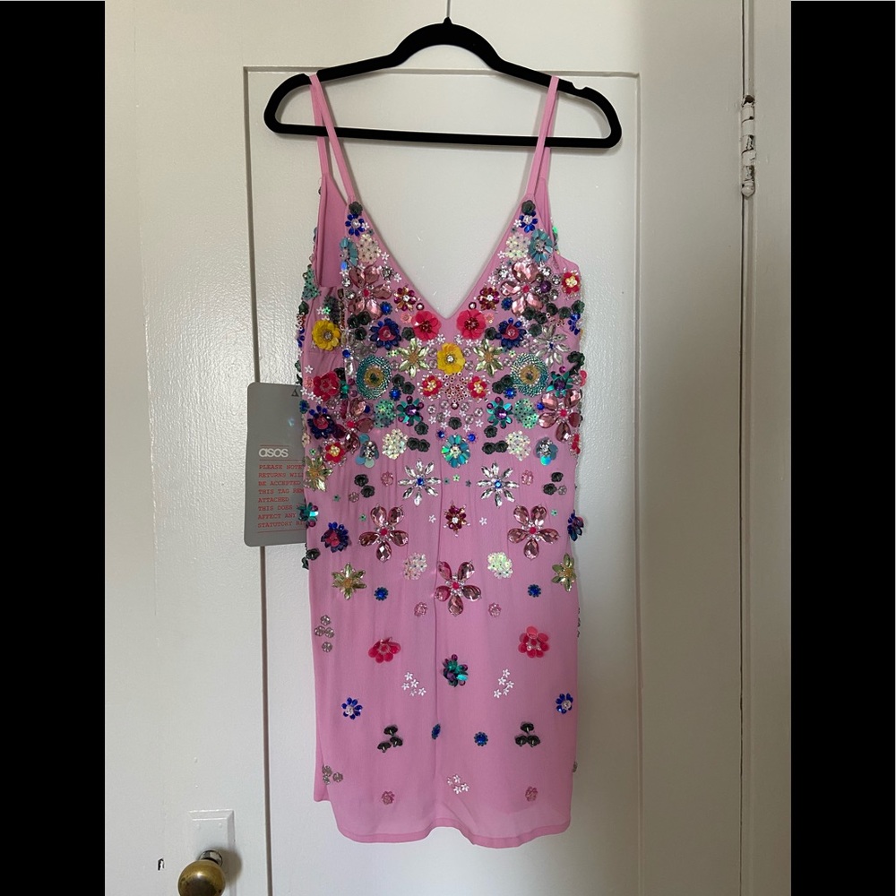 Floral pink beaded slip dress embellished